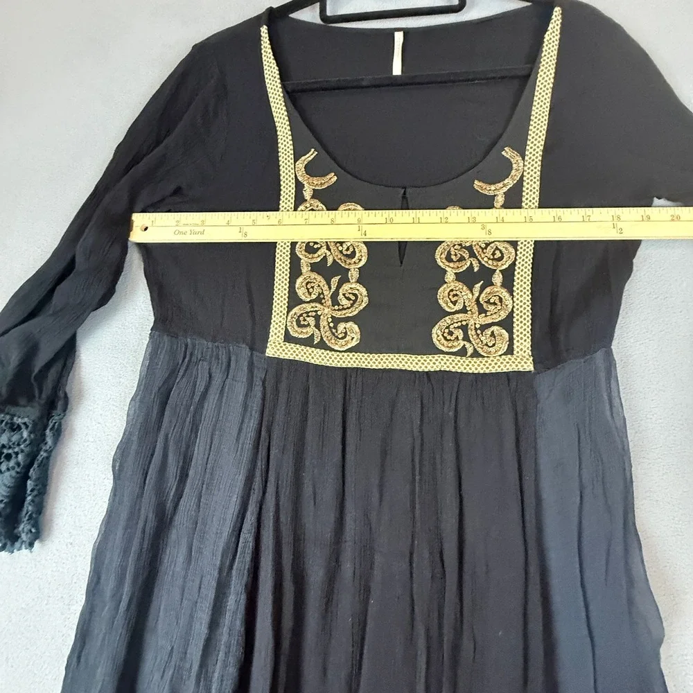 Free People Mini Dress Small Black Gold Embroidered Lace Bell Sleeve Boho Witchy